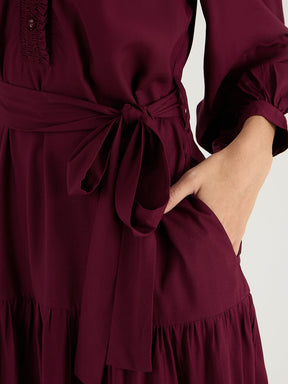 Wine Smocking Detailed Tiered Maxi Dress