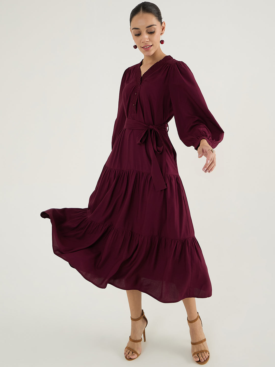 Wine Smocking Detailed Tiered Maxi Dress