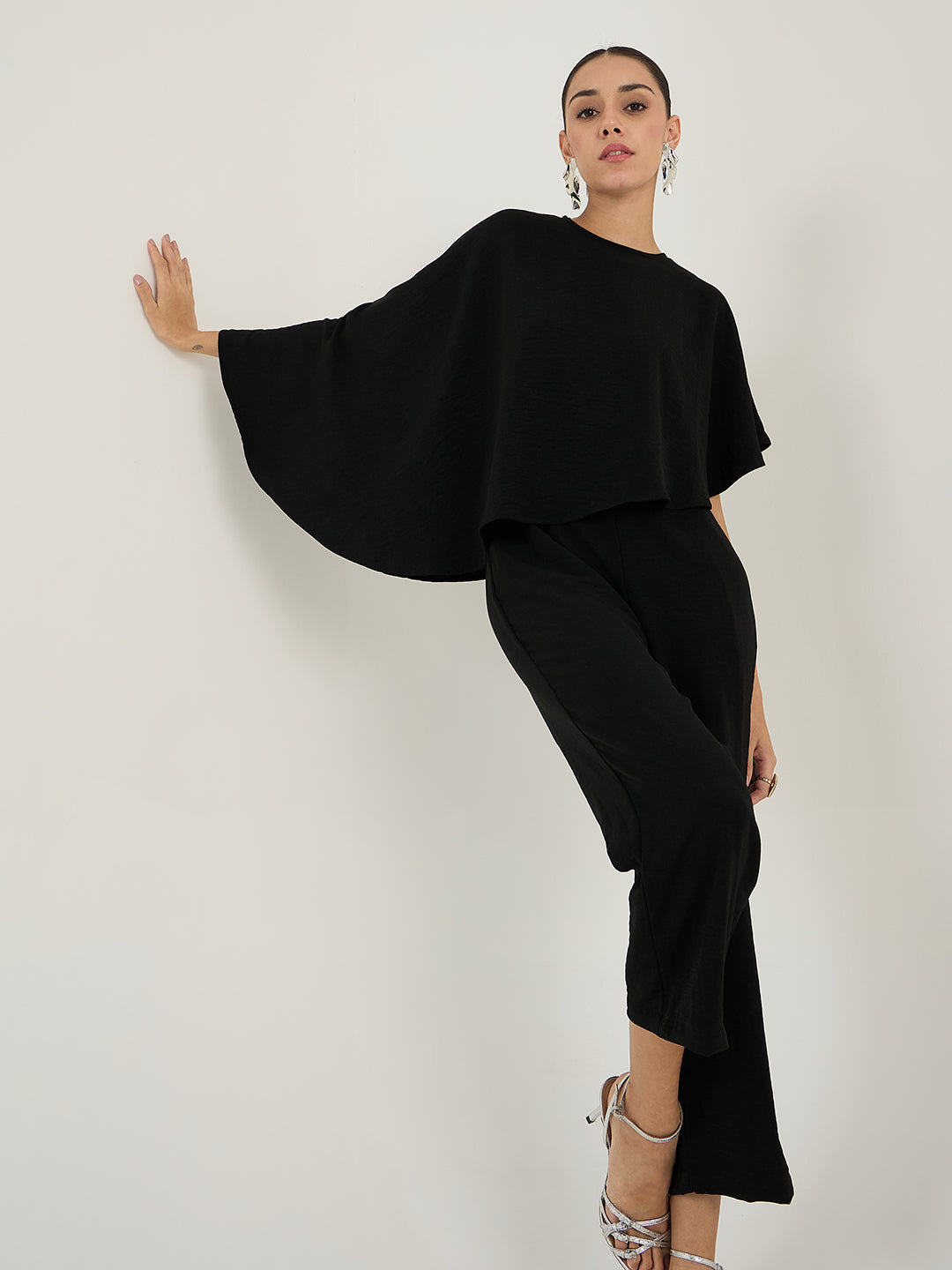 Black Crepe Jumpsuit With Cape