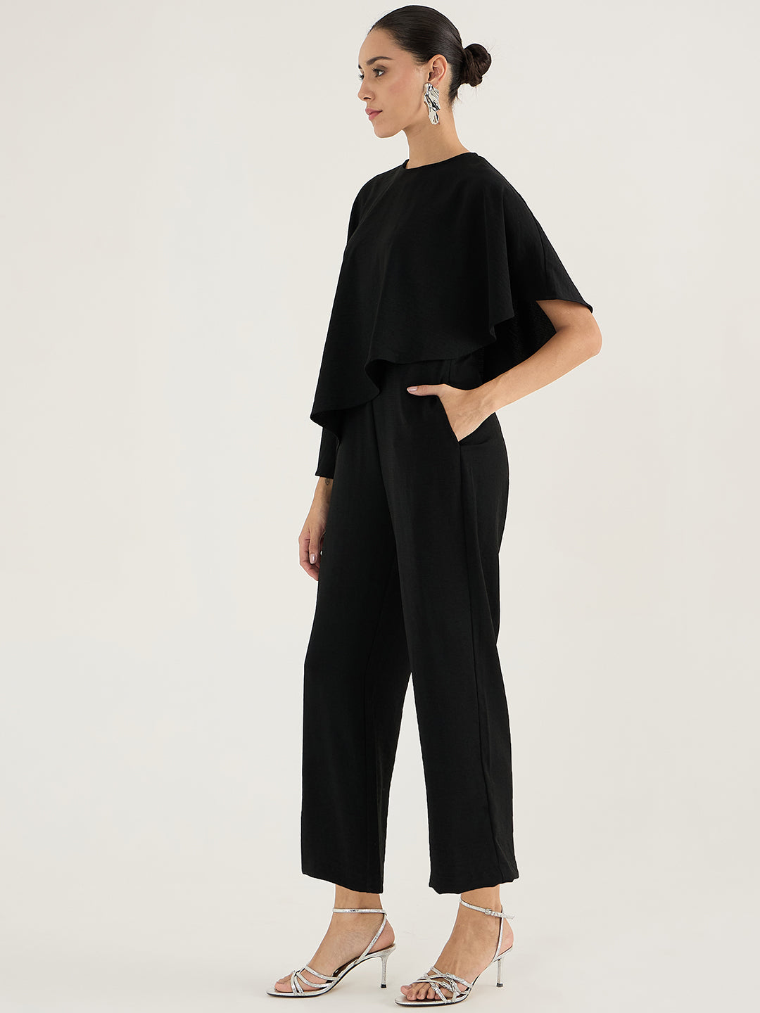 Black Crepe Jumpsuit With Cape