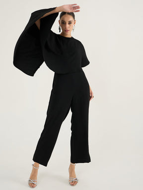 Black Crepe Jumpsuit With Cape