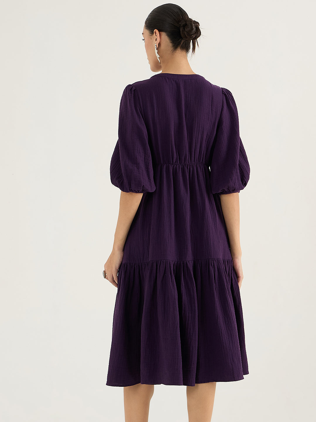 Deep Purple Cotton Knot Detail Midi Dress