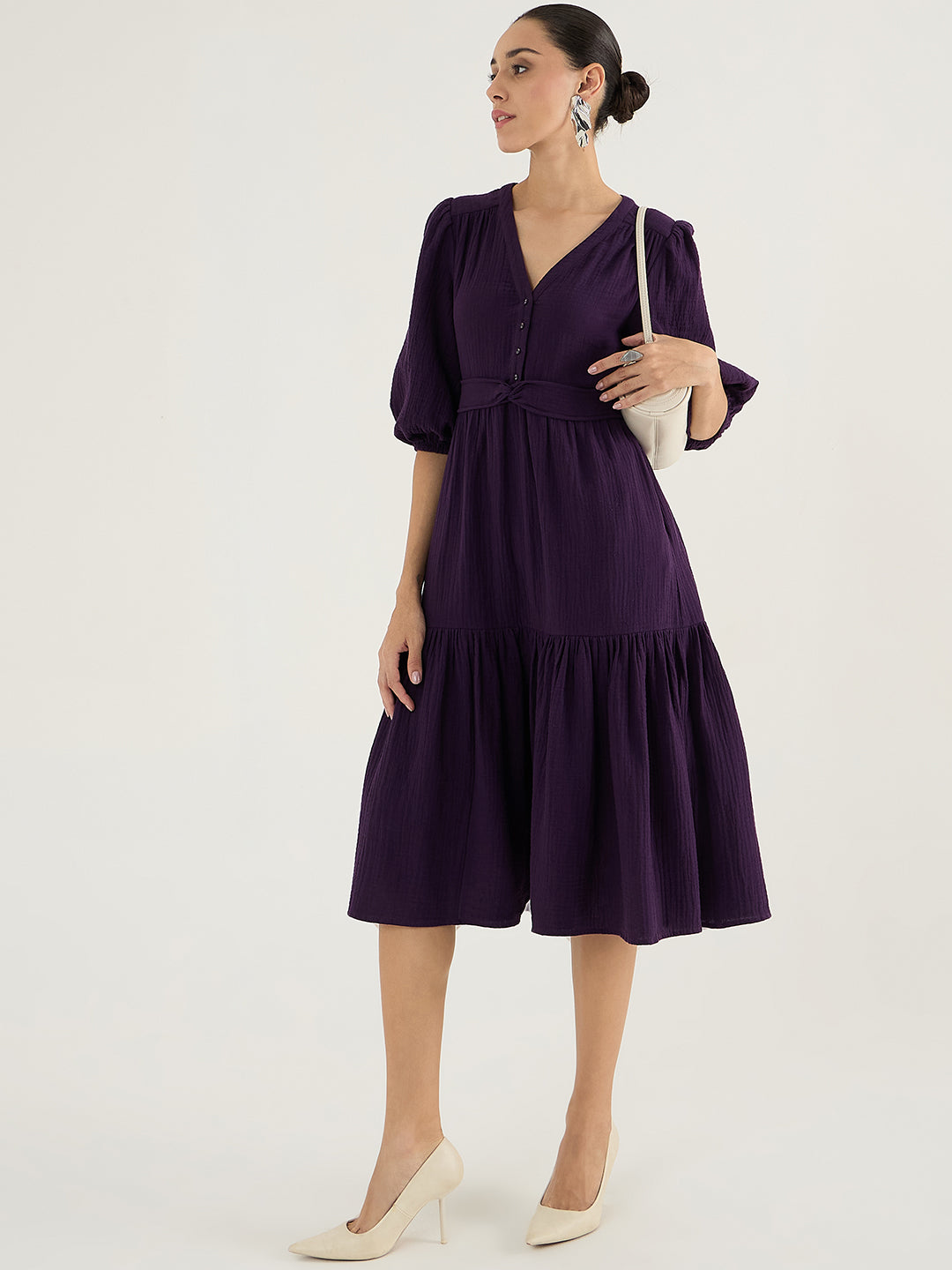 Deep Purple Cotton Knot Detail Midi Dress