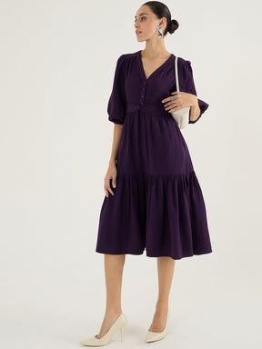 Deep Purple Cotton Knot Detail Midi Dress