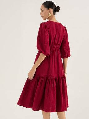 Cranberry Red Cotton Knot Detail Midi Dress