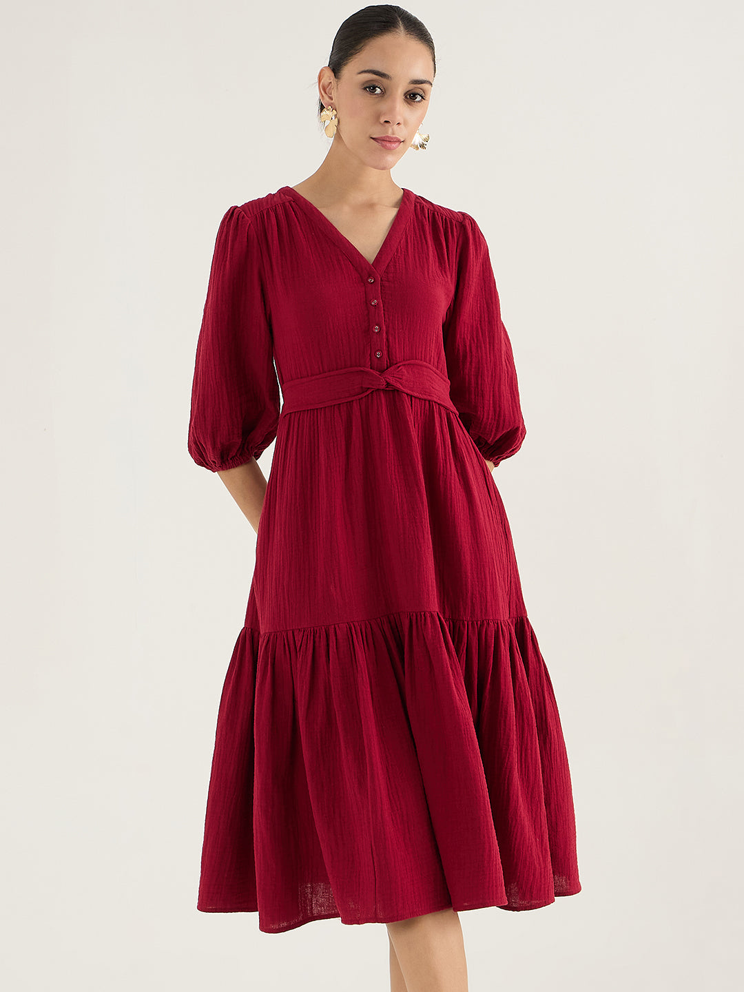 Cranberry Red Cotton Knot Detail Midi Dress