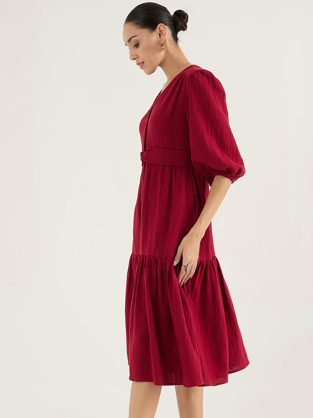 Cranberry Red Cotton Knot Detail Midi Dress