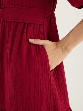 Cranberry Red Cotton Knot Detail Midi Dress