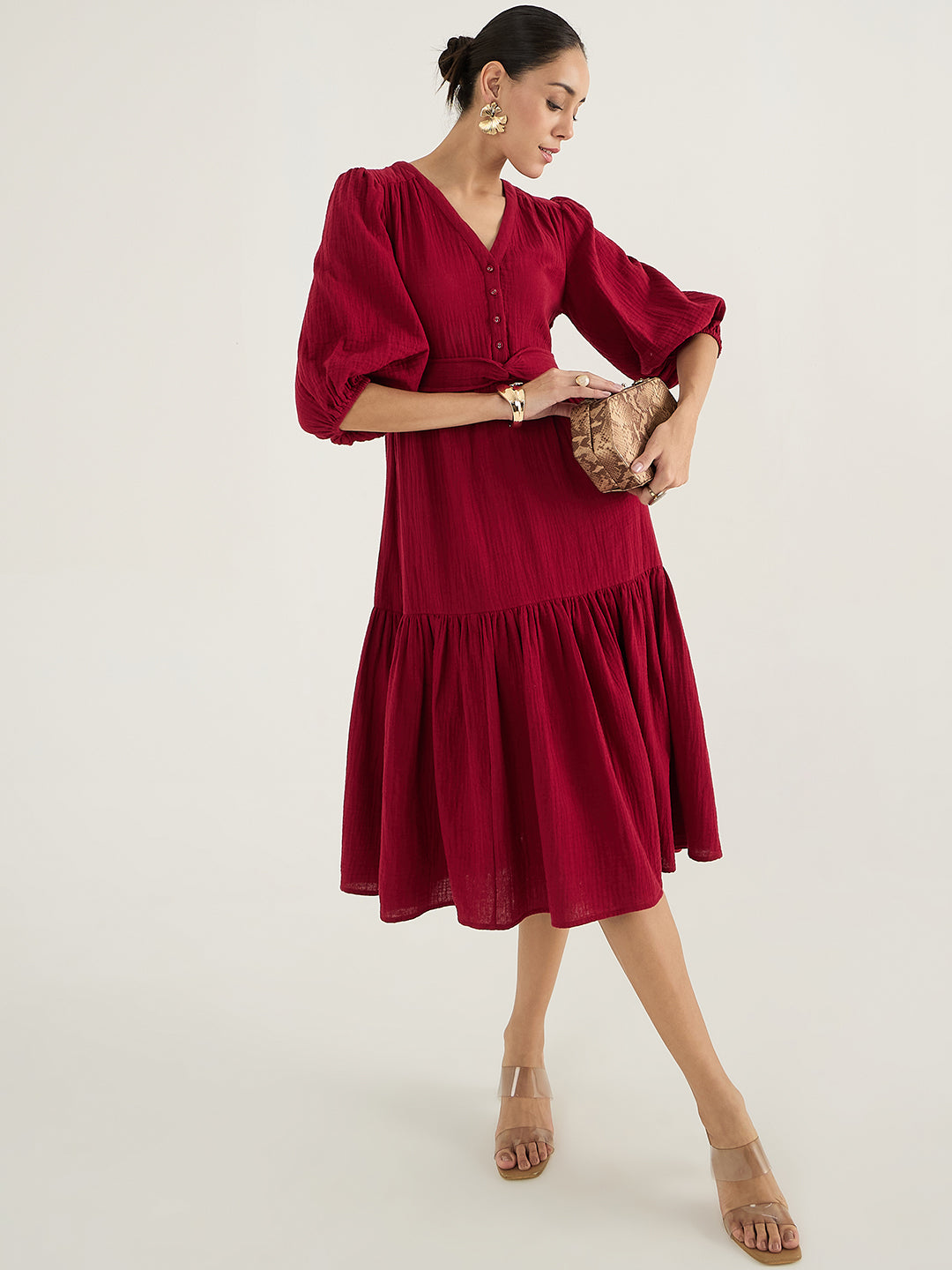 Cranberry Red Cotton Knot Detail Midi Dress