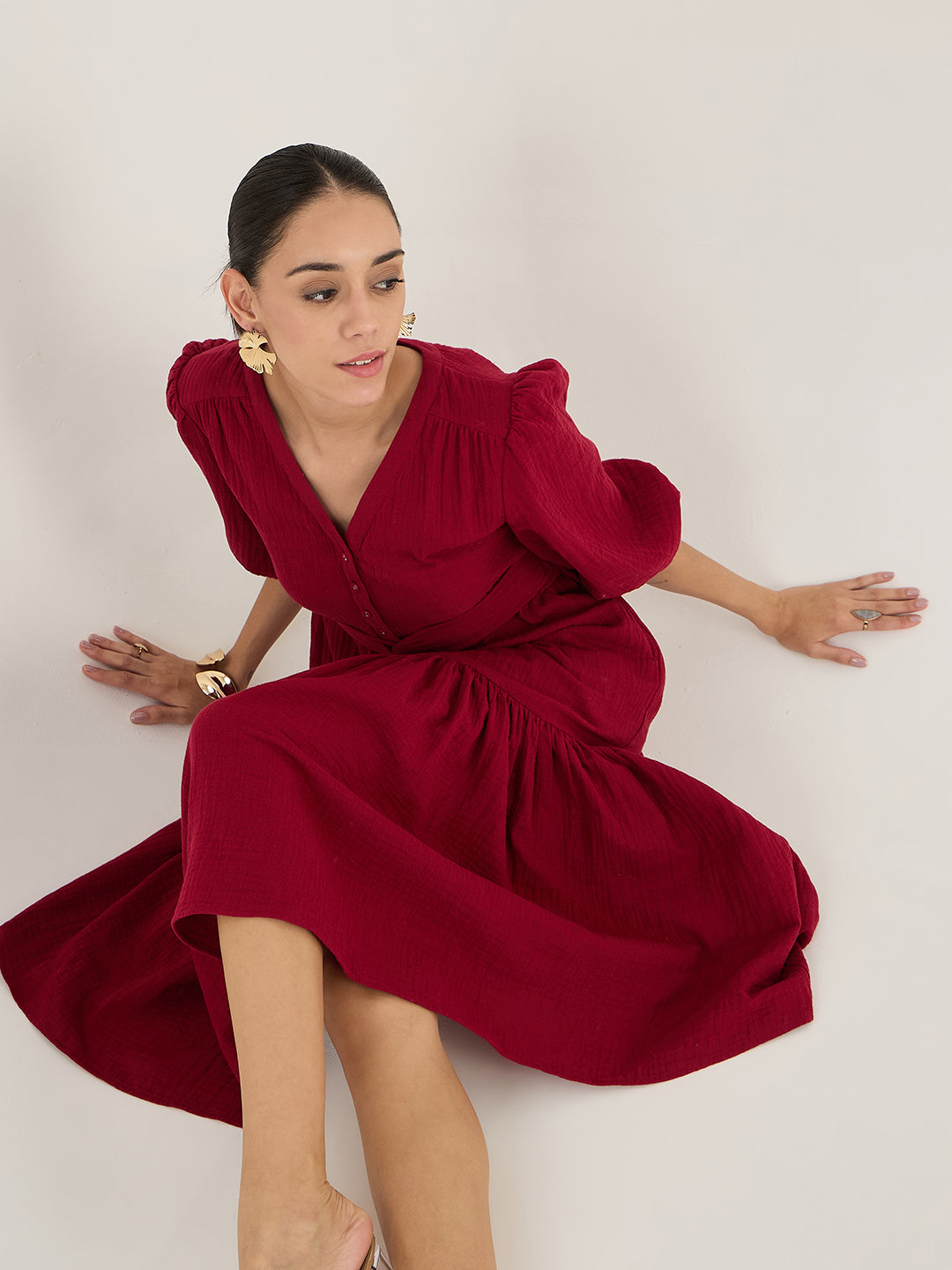 Cranberry Red Cotton Knot Detail Midi Dress