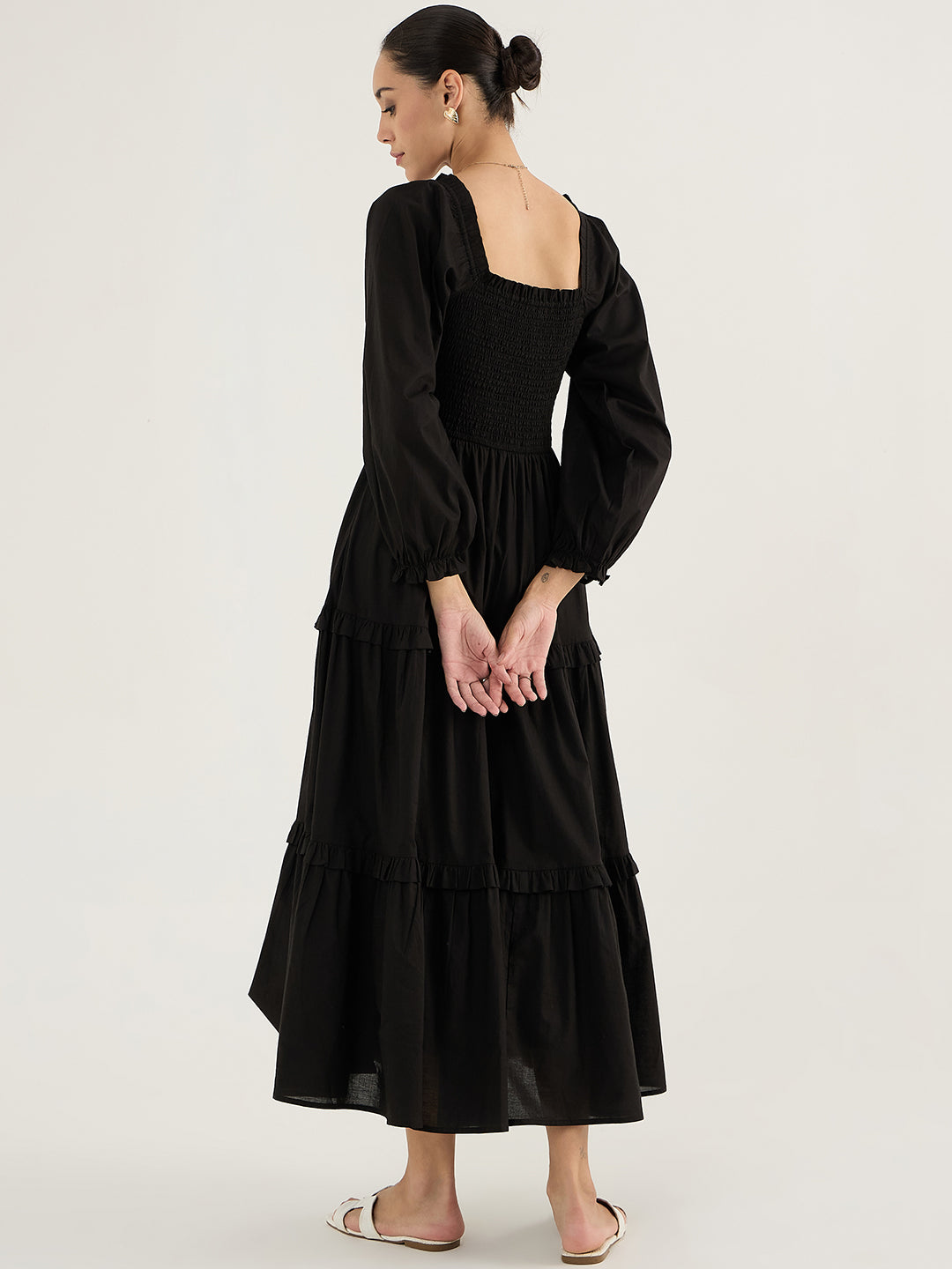 Black Cotton Smocked Maxi Dress