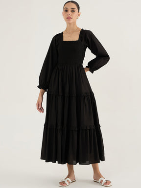 Black Cotton Smocked Maxi Dress