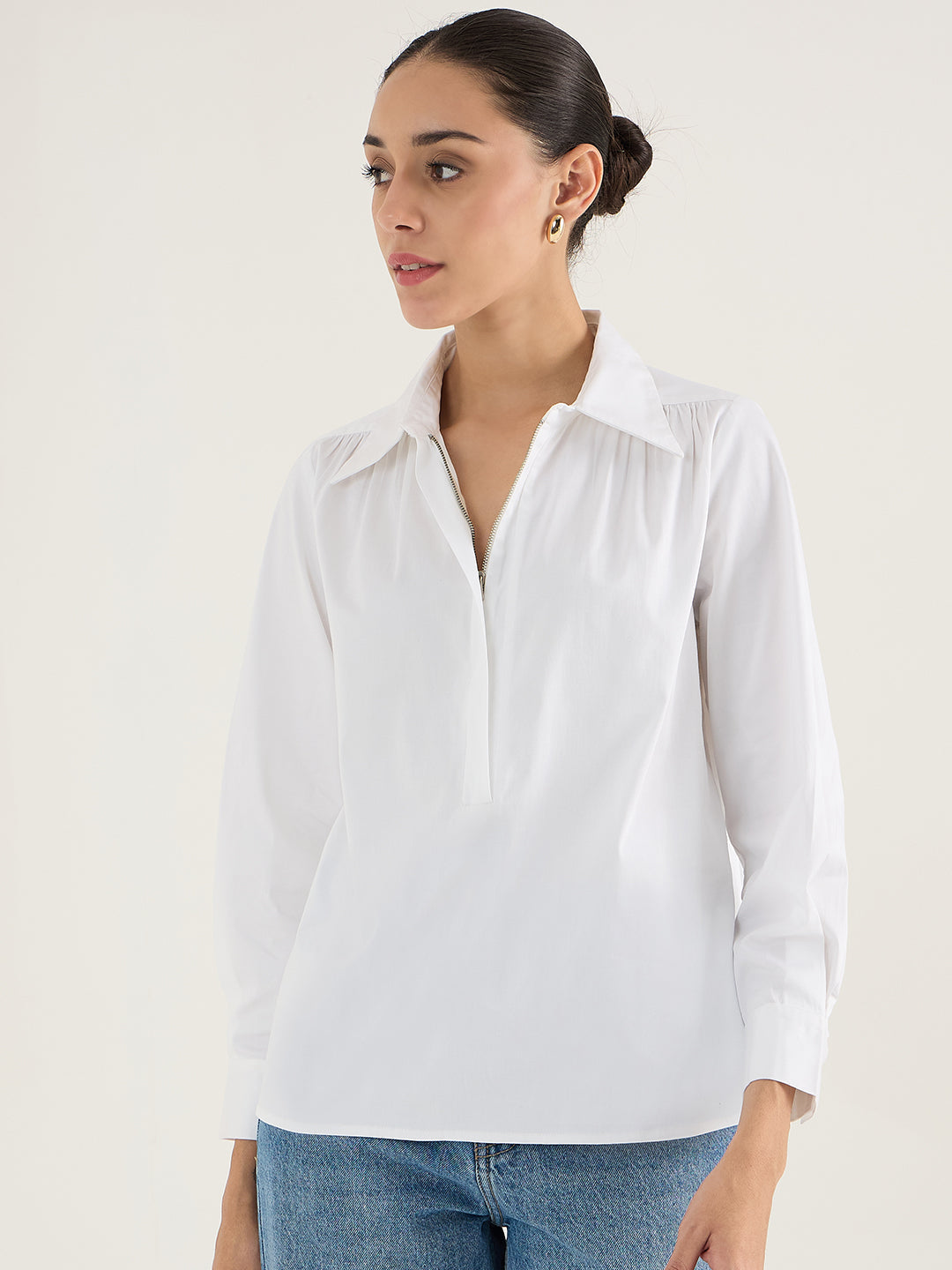 White Half Zipper Cotton Top