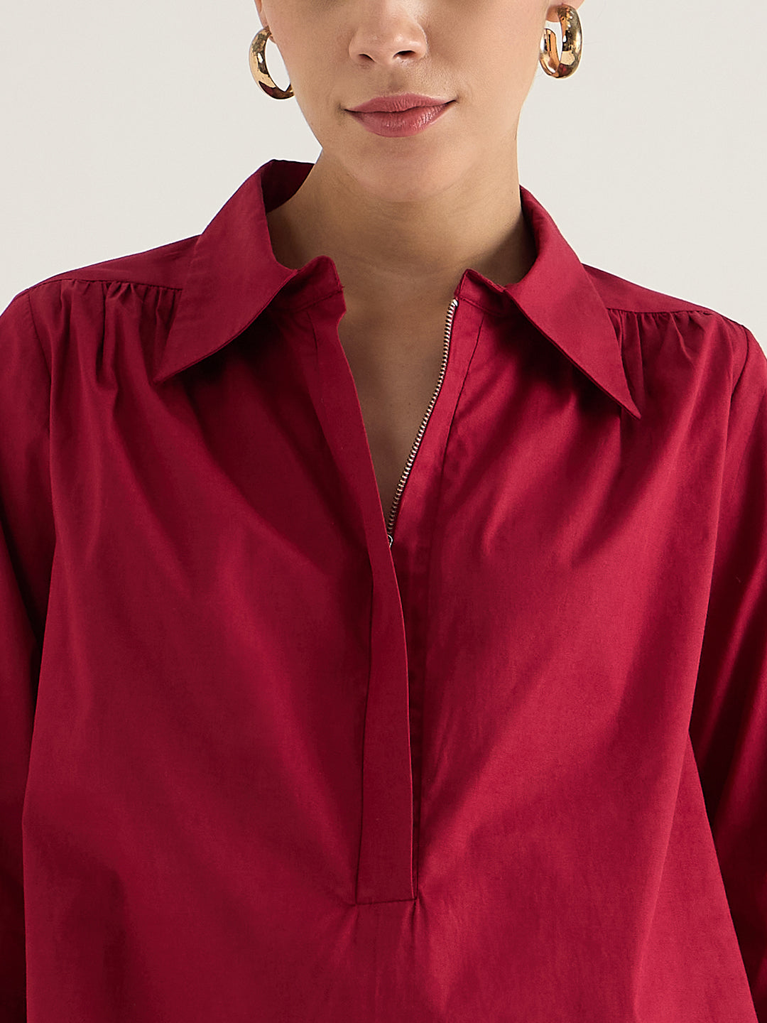 Cranberry Half Zipper Poplin Top