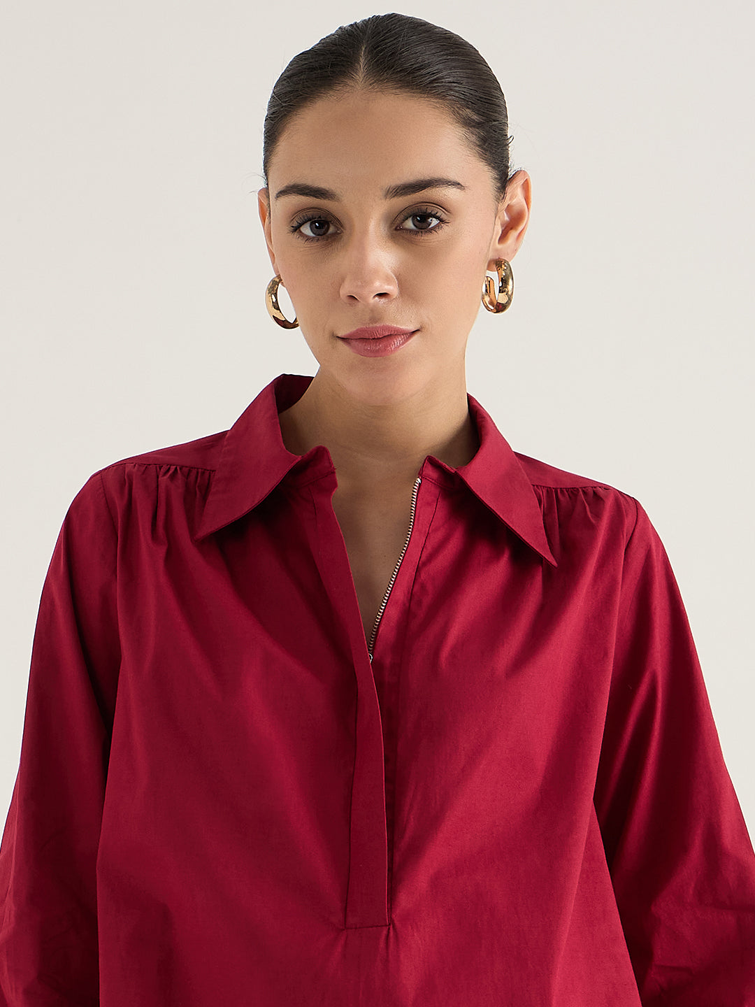 Cranberry Half Zipper Poplin Top