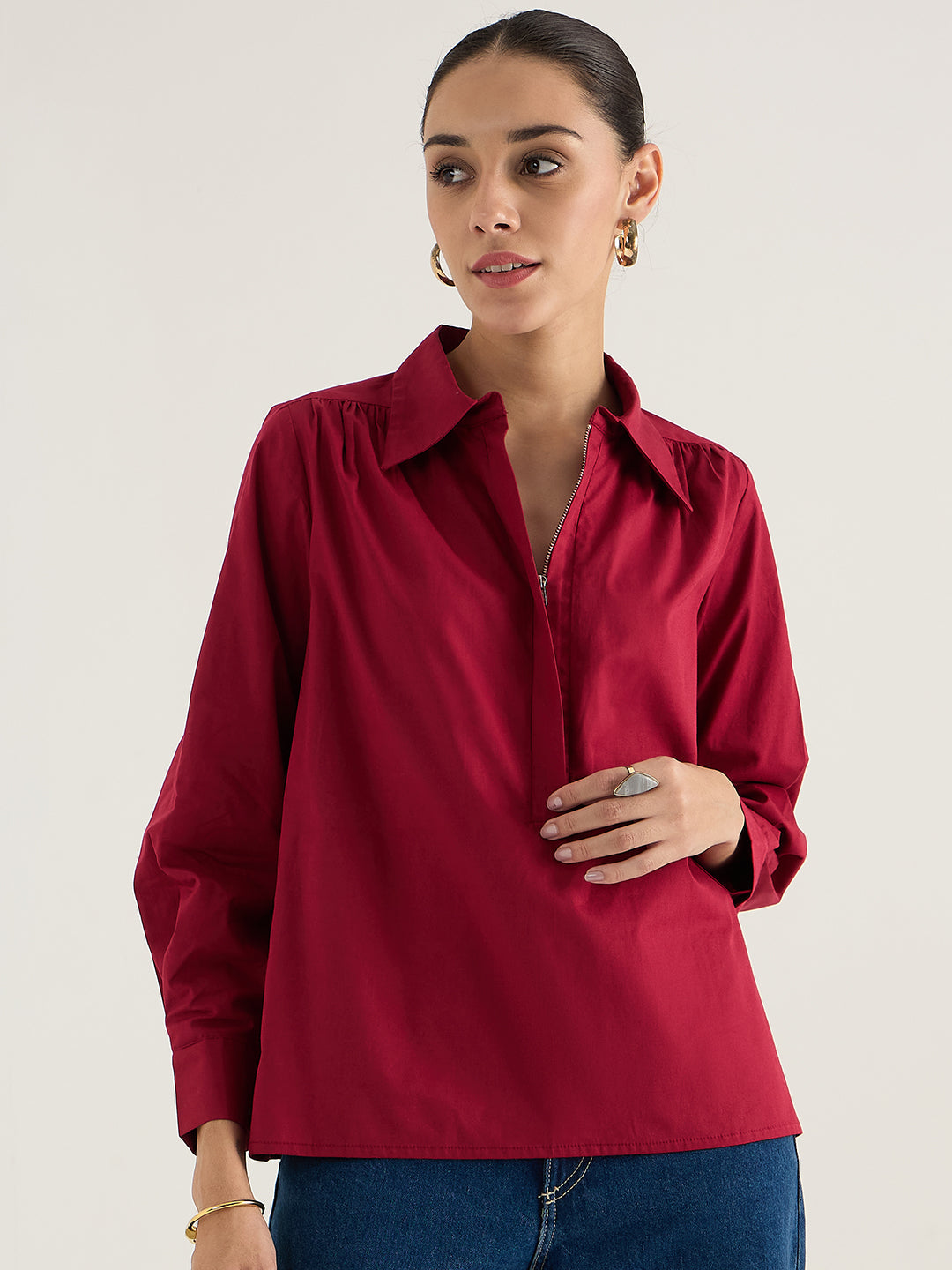 Cranberry Half Zipper Poplin Top