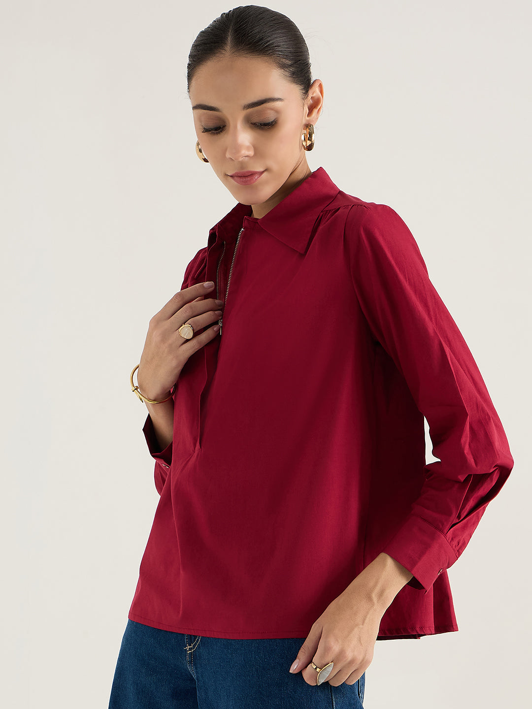 Cranberry Half Zipper Poplin Top