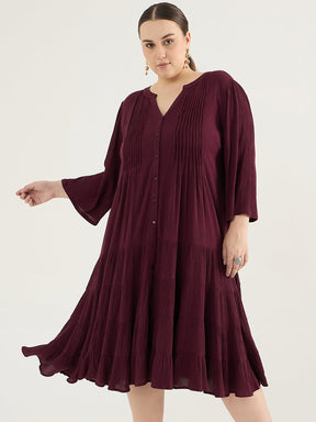 Wine Button Down Tiered Midi Dress