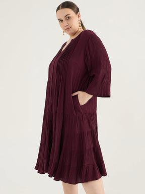 Wine Button Down Tiered Midi Dress