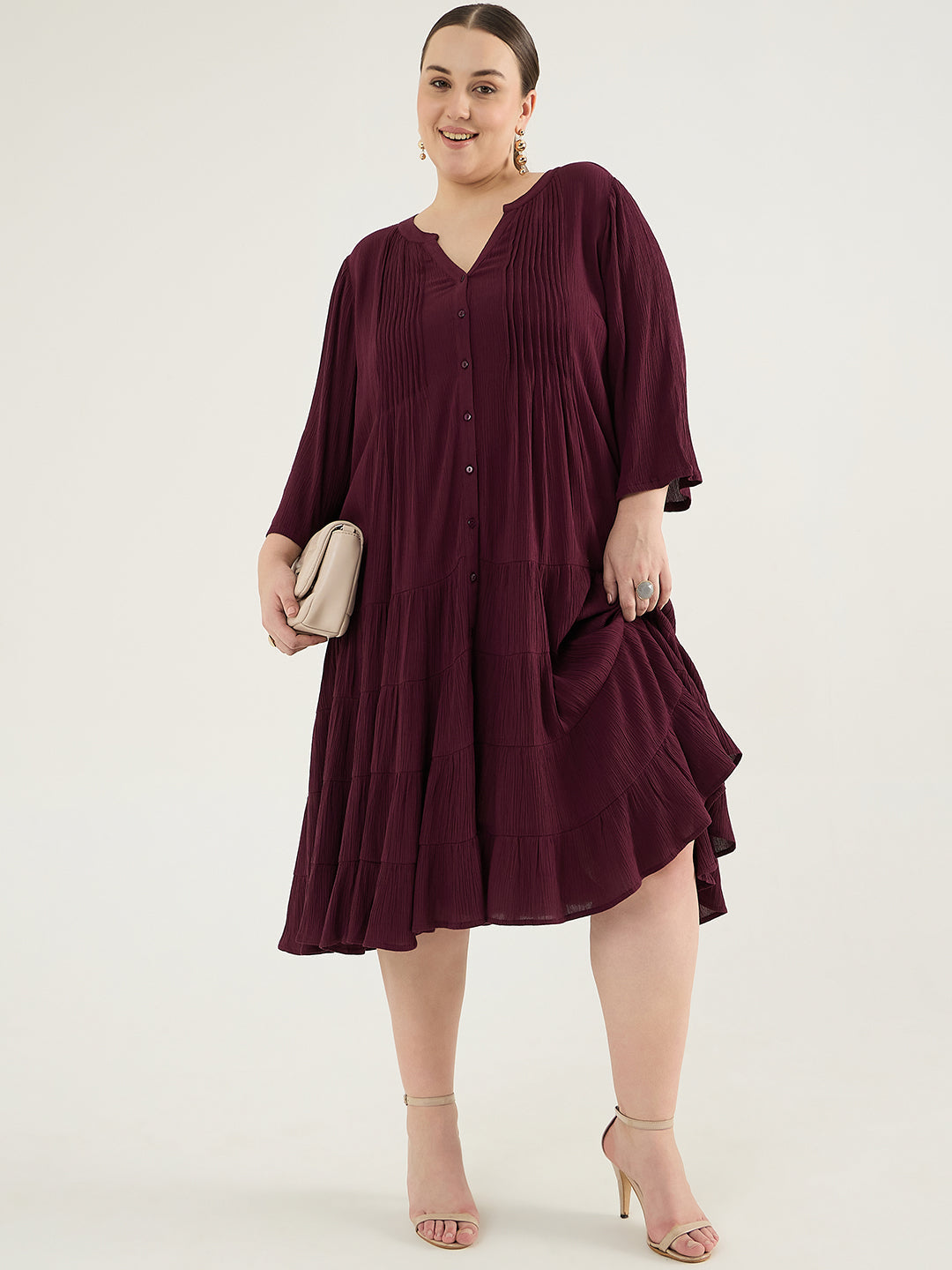 Wine Button Down Tiered Midi Dress