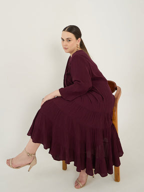 Wine Button Down Tiered Midi Dress