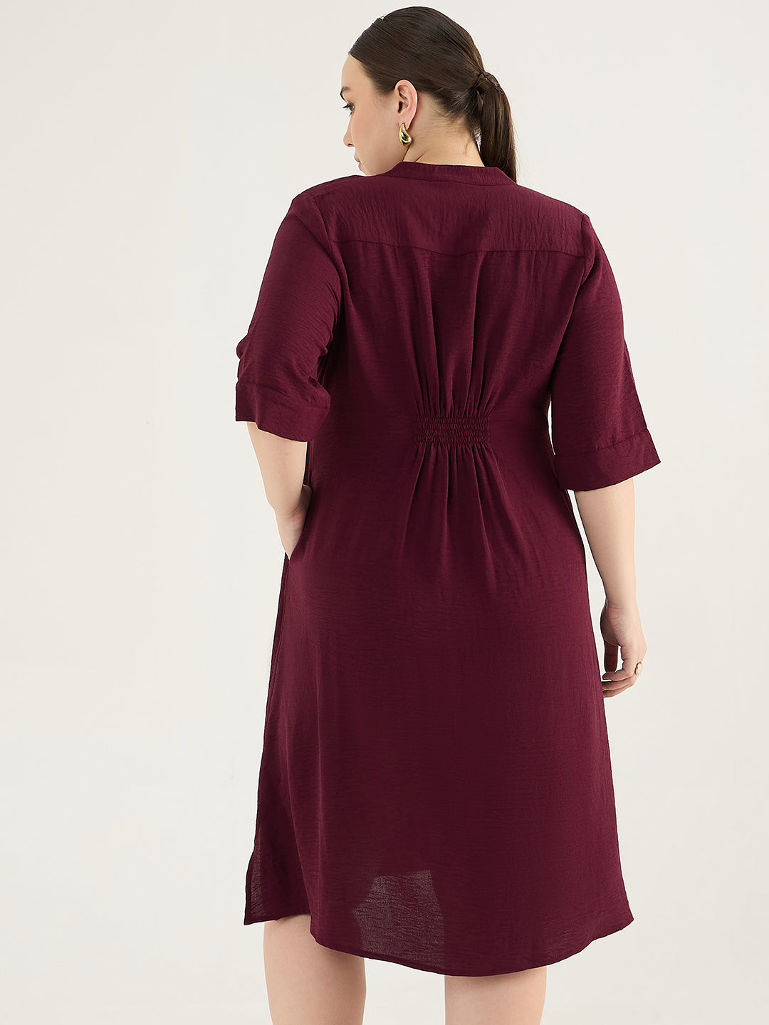 Wine Pleat Detail Midi Dress