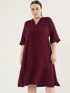 Wine Pleat Detail Midi Dress