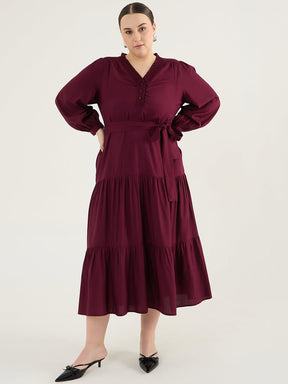 Wine Smocking Detailed Tiered Maxi Dress