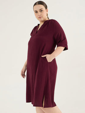 Wine Pleat Detail Midi Dress