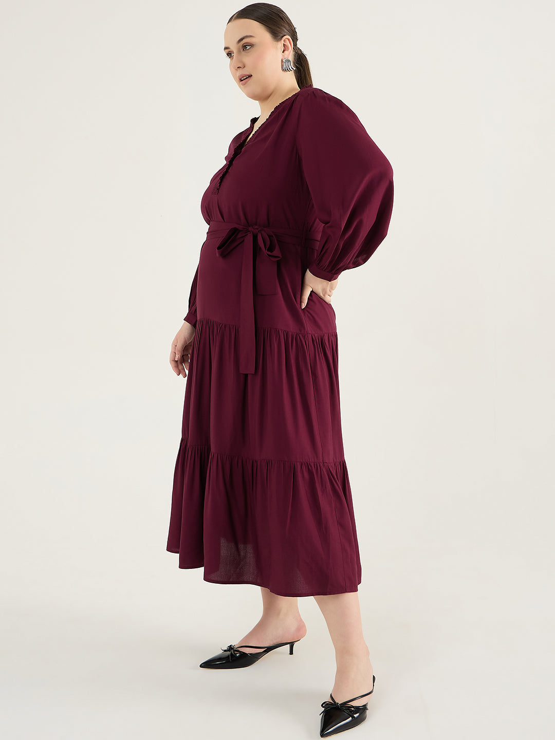 Wine Smocking Detailed Tiered Maxi Dress