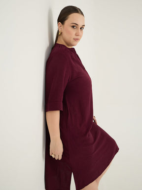 Wine Pleat Detail Midi Dress