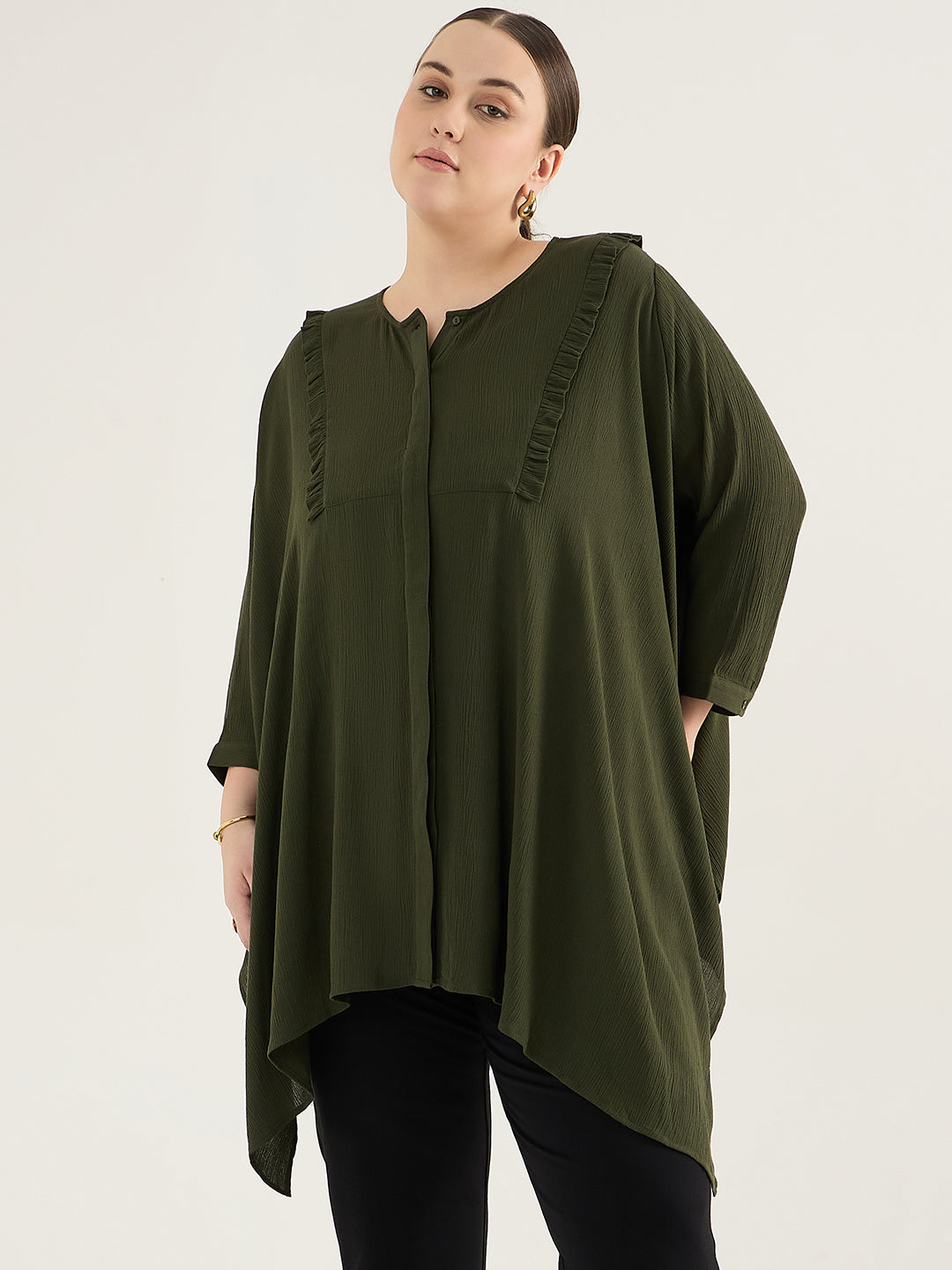 Olive Ruffle Detail Assymetric Tunic