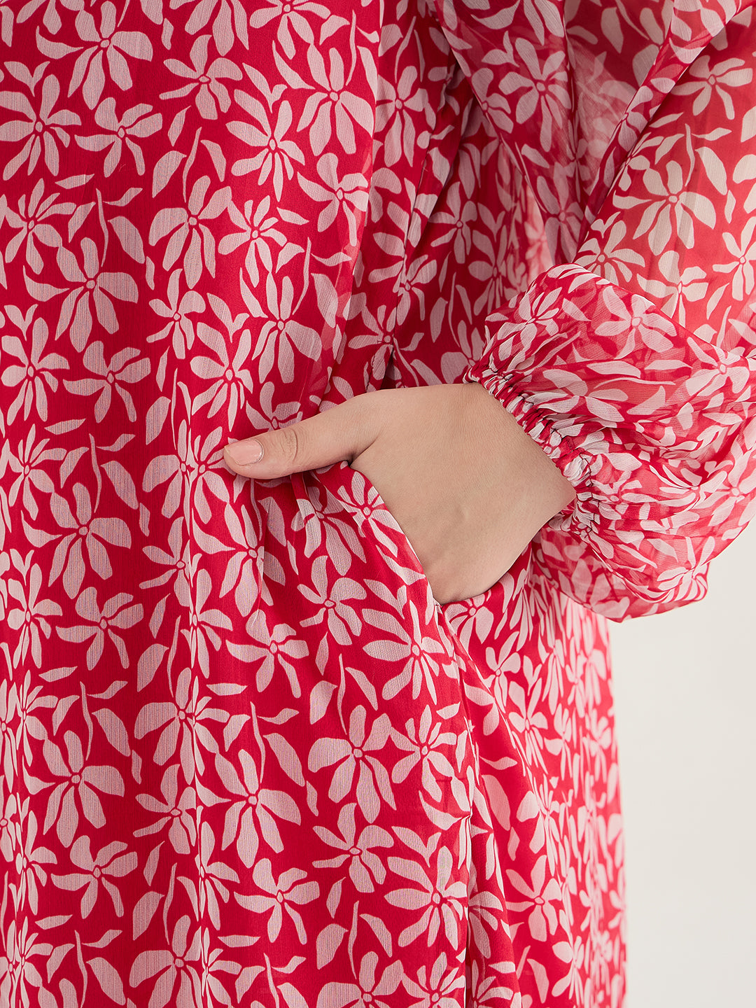 Red And White Floral Print Midi Dress