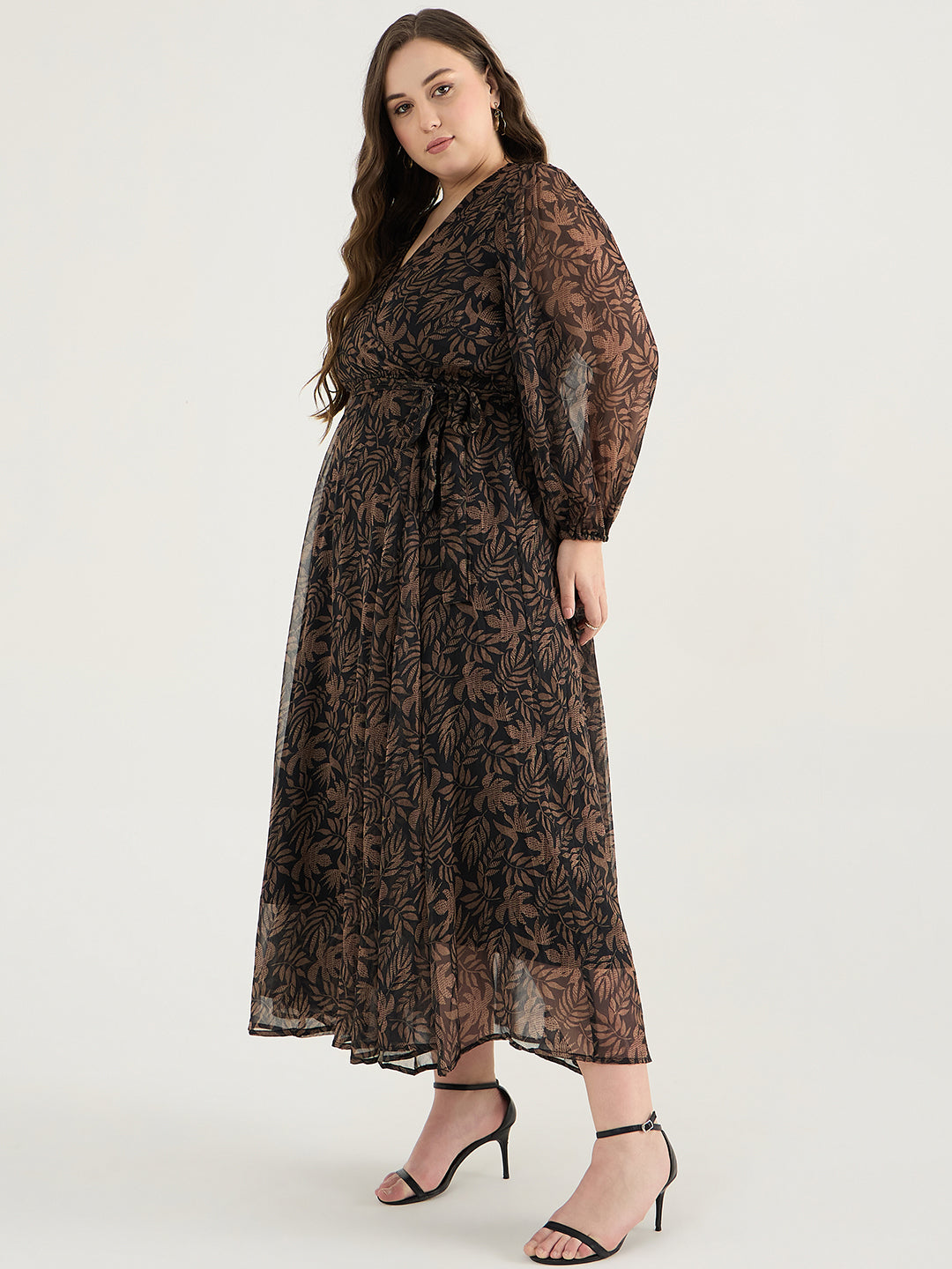 Black Leaf Print Wrap Maxi Dress