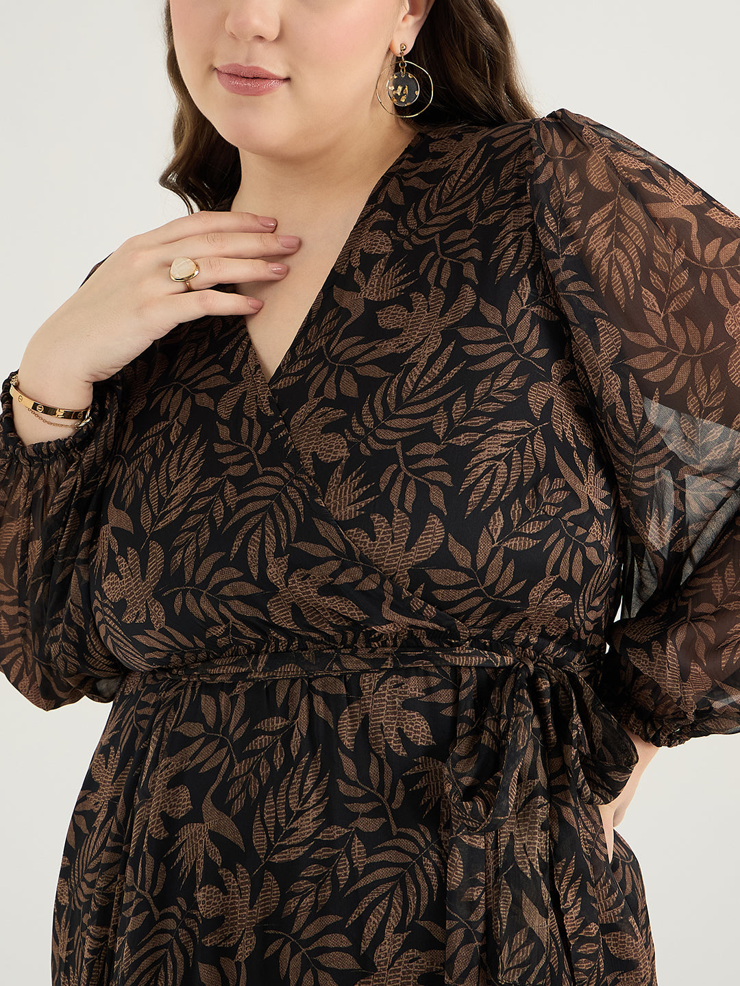 Black Leaf Print Wrap Maxi Dress