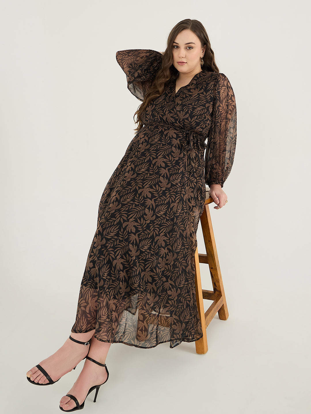 Black Leaf Print Wrap Maxi Dress