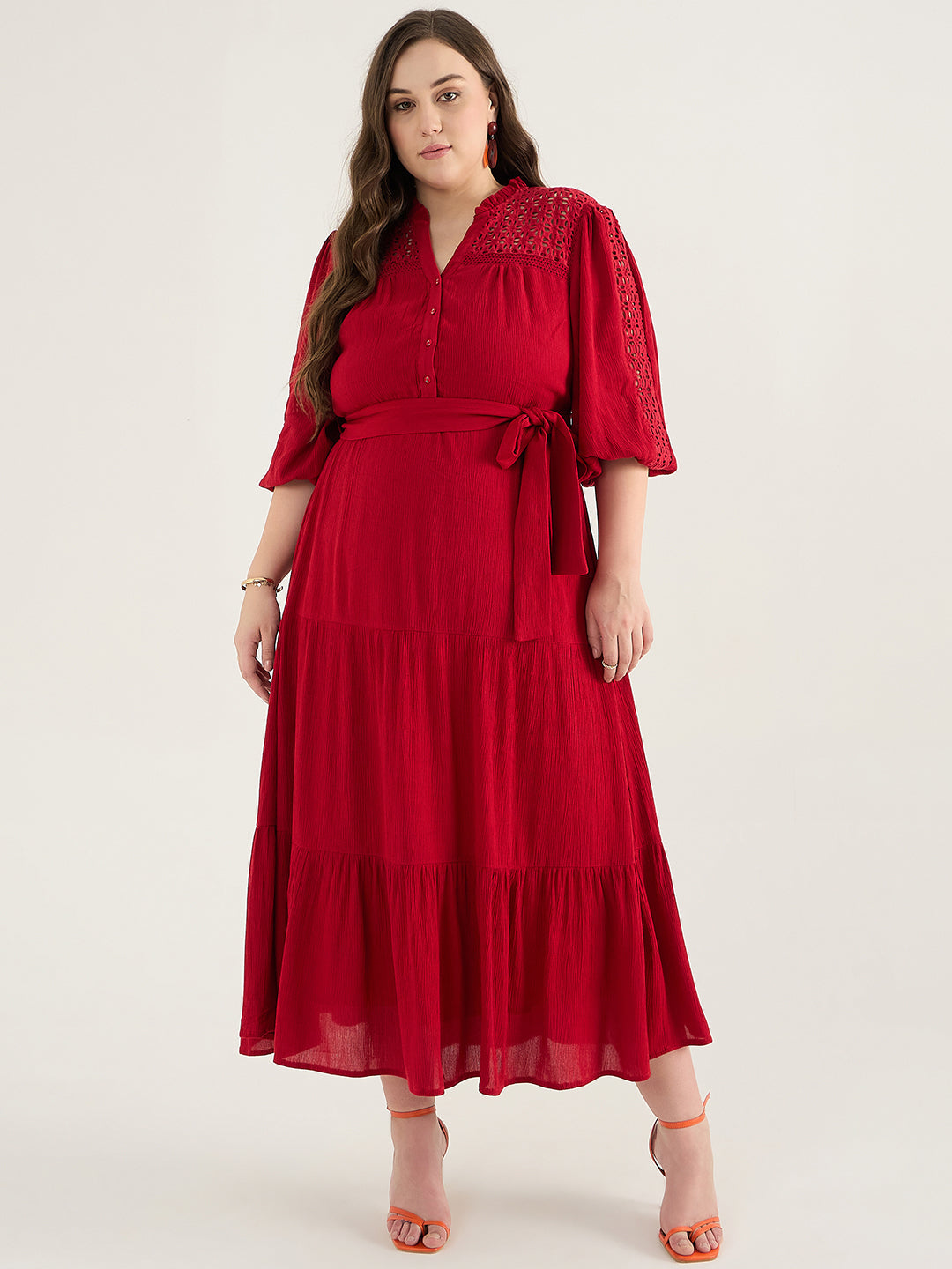 Cranberry Schiffli Tiered Maxi Dress