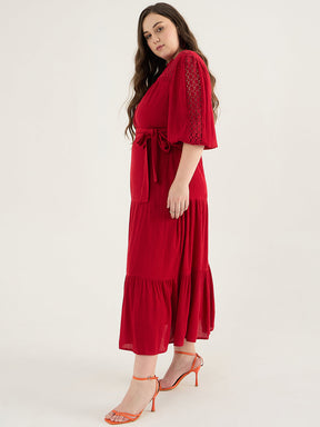 Cranberry Schiffli Tiered Maxi Dress