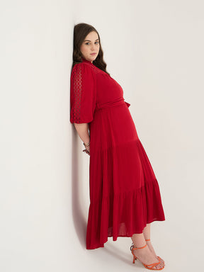 Cranberry Schiffli Tiered Maxi Dress