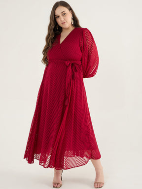 Deep Red Chevron Dobby Wrap Maxi Dress