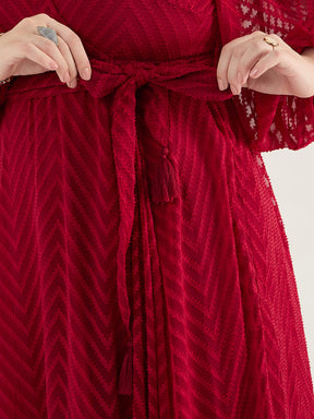 Deep Red Chevron Dobby Wrap Maxi Dress