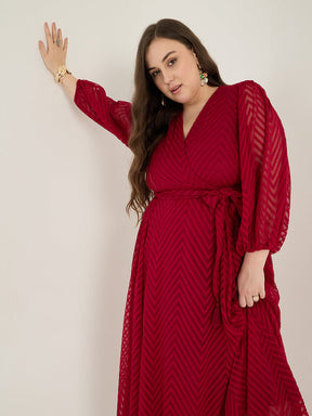 Deep Red Chevron Dobby Wrap Maxi Dress