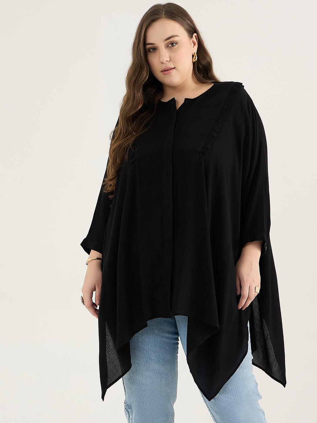 Black Ruffle Detail Asymmetric Tunic