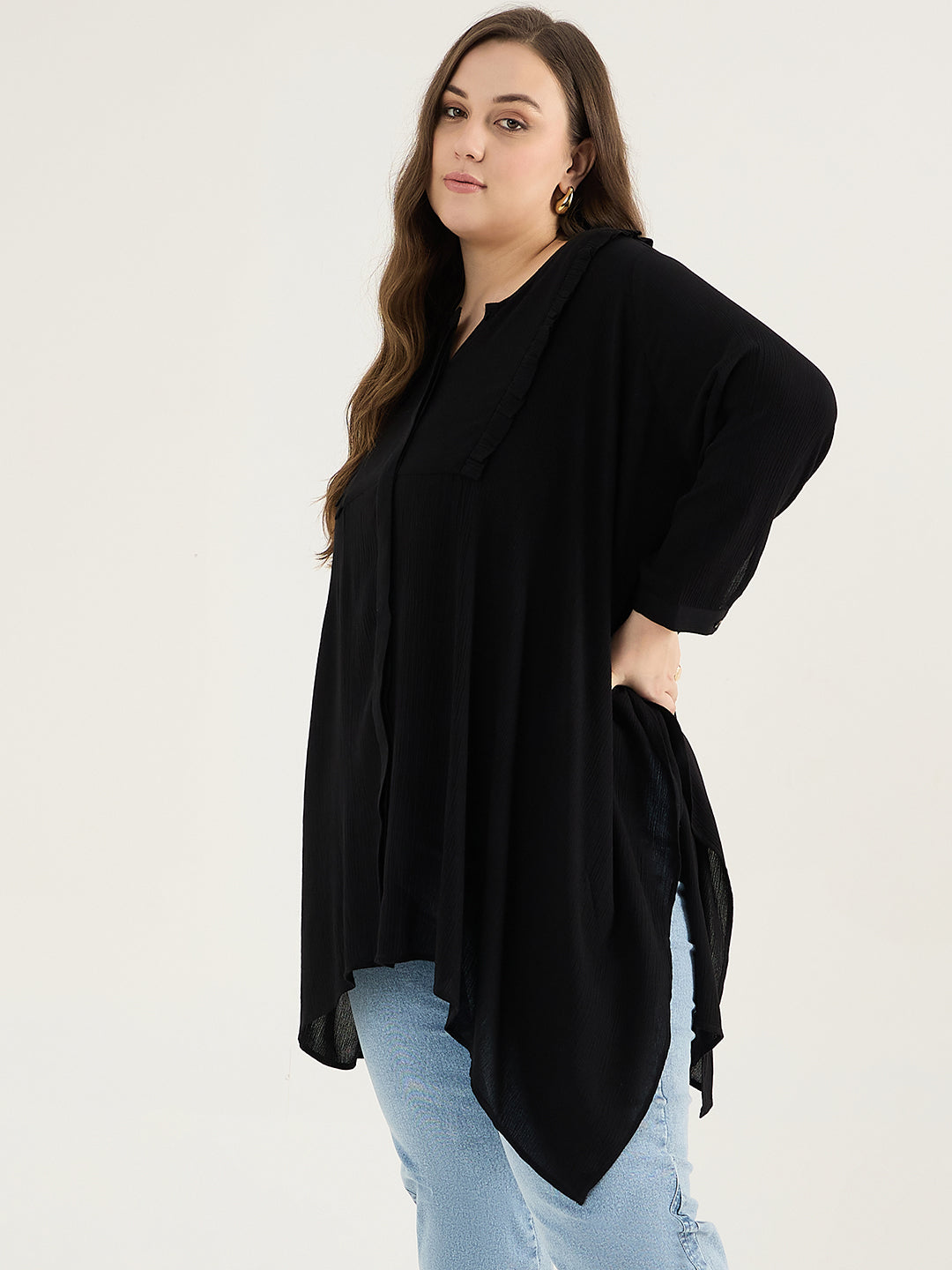 Black Ruffle Detail Asymmetric Tunic