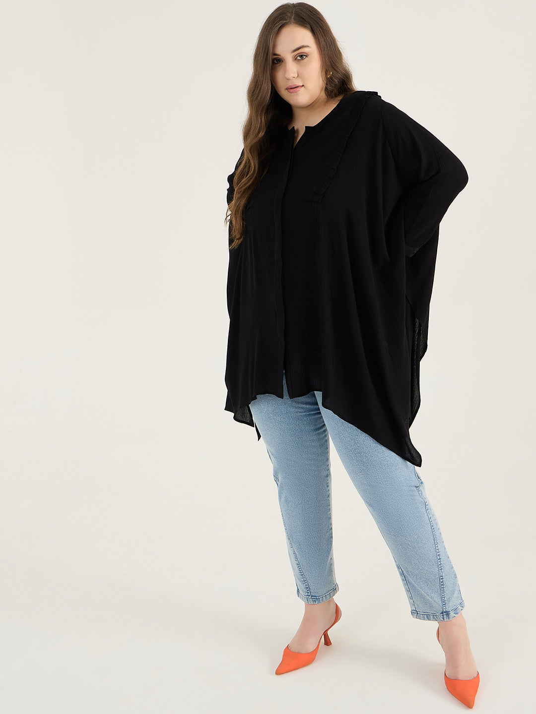 Black Ruffle Detail Asymmetric Tunic