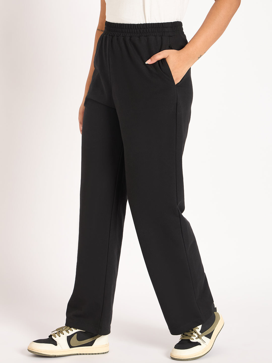 Black Straight Fit Terry Track Pants