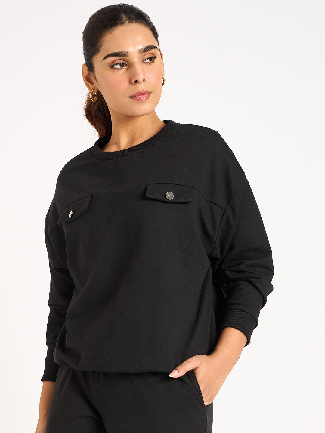 Black Elasticated Bottom Detail Terry Sweatshirt