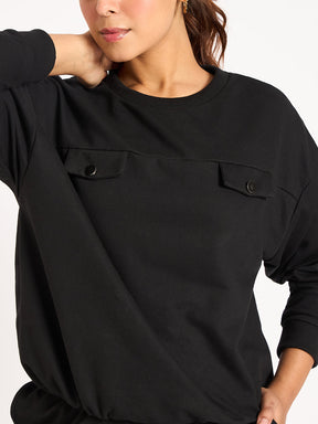 Black Elasticated Bottom Detail Terry Sweatshirt