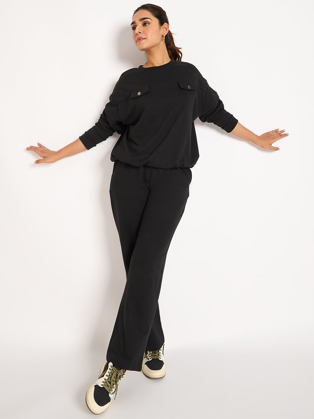 Black Elasticated Bottom Detail Terry Sweatshirt