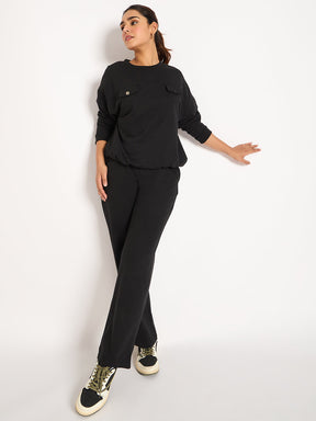 Black Elasticated Bottom Detail Terry Sweatshirt